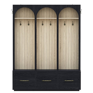 English Elm Farmhouse Hall Tree with Arched Panels Bench Drawers and Hooks for Mudroom Entryway Black W5271S00005