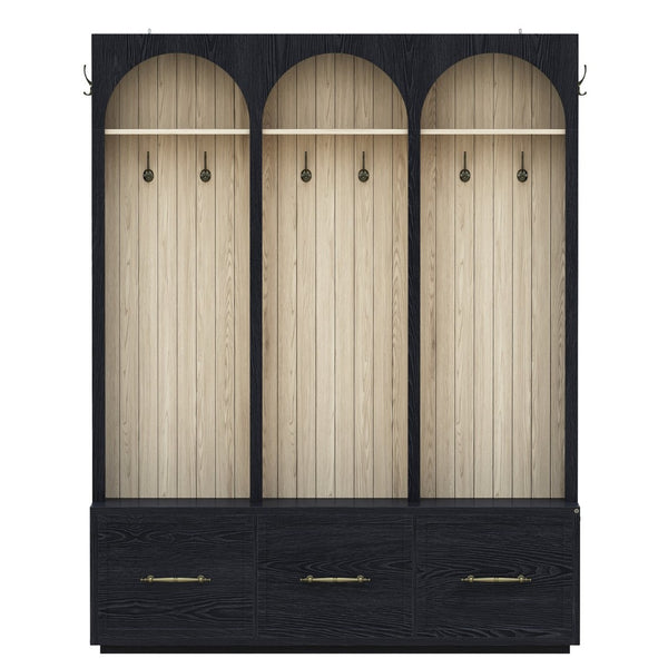 English Elm Farmhouse Hall Tree with Arched Panels Bench Drawers and Hooks for Mudroom Entryway Black W5271S00005
