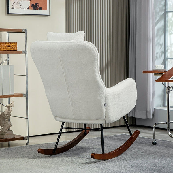 English Elm Nordic High Back Rocking Chair Teddy Fleece Lumbar Support Beech Wood Reading Nook T3971P405982