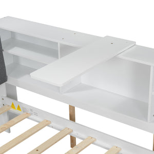 English Elm Wood Full Size platform bed with trundle, built-in storage headboard and shelves, sturdy pine frame White GX002055AAK