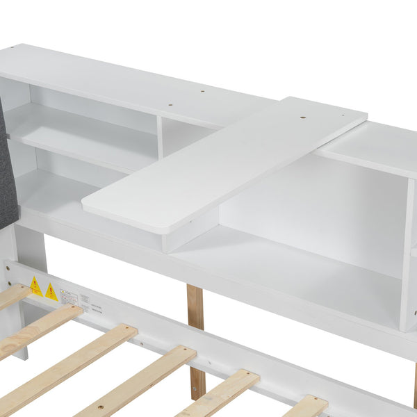 English Elm Wood Full Size platform bed with trundle, built-in storage headboard and shelves, sturdy pine frame White GX002055AAK