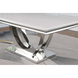 English Elm Allessandra Sleek White Faux Marble Dining Table with Beveled Edge and Chrome U-Shaped Base, 71" B062S00726