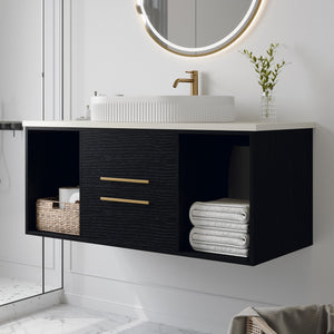 English Elm Modern 40" Wall-Mounted Bathroom Vanity with Oval Ceramic Sink, Floating Solid Wood Cabinet, Soft-Close Drawers & Open Shelf Storage W3136S00011