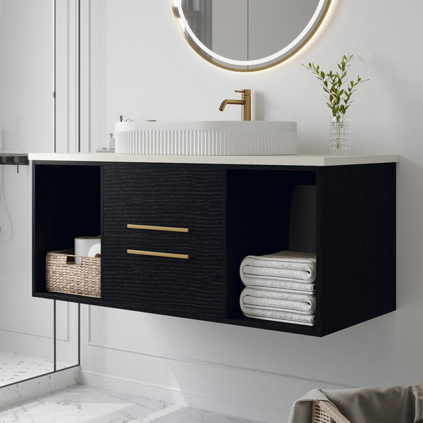 English Elm 39.4 Inch Floating Bathroom Vanity Sintered Stone Top Solid Wood 2 Soft Close Drawers W3136S00076
