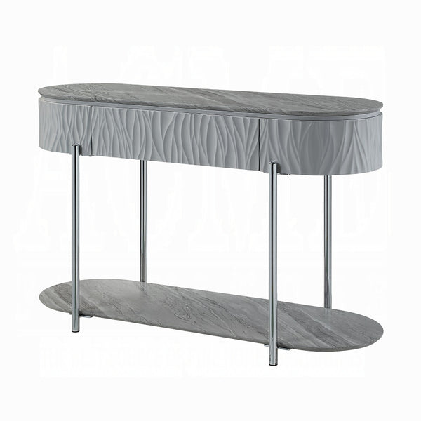 English Elm Grey High Gloss Sofa Table With Chrome Accents, Bottom Shelf, And Modern Design For Stylish Spaces B062P209133