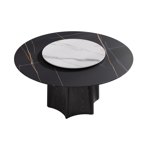 English Elm 59.05" Round Marble Dining Table With Black Wood Base, Turntable & Seating For 6-8, Modern Elegance W1535S00383