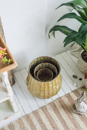 English Elm Set of 3 Distressed Zinc Metal Planters with Aged Golden Finish for Farmhouse Decor W2078P499531
