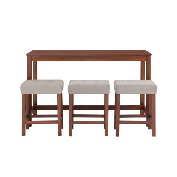 English Elm 59 59 Inch Bar Table Set with Power Outlet, 3 Upholstered Stools, Solid Wood MDF Linen Seats, Durable Load Capacity W2972P355432