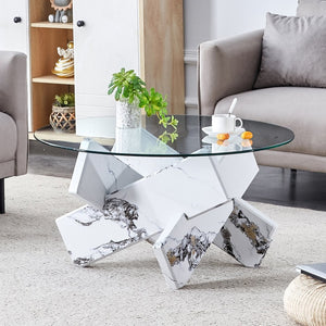 English Elm Round Tempered Glass Coffee Table with Sculptural Mdf Base for Modern Living Rooms White W1151P180316
