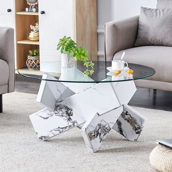 English Elm Round Tempered Glass Coffee Table with Sculptural Mdf Base for Modern Living Rooms White W1151P180316