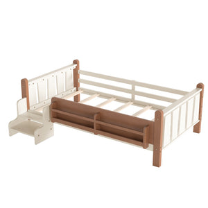 English Elm Twin Pine Floor Bed for Kids with Side Bookcases Built-in Stairs and Safety Guardrails Beige W1580P390214
