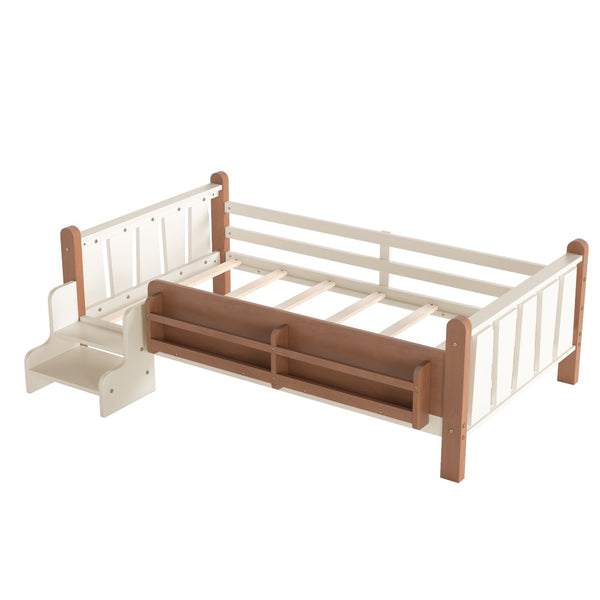 English Elm Twin Pine Floor Bed for Kids with Side Bookcases Built-in Stairs and Safety Guardrails Beige W1580P390214