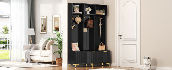 English Elm ON-TREND Modern Hall Tree with Bench and Shoe Storage, High Gloss Fluted Doors, Gold Accents, 75"H Black+Gold N721P180460B