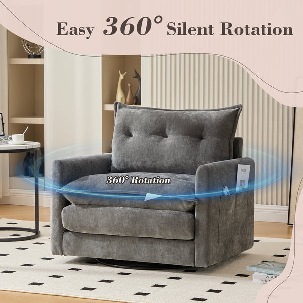 English Elm UNITED Swivel Barrel Chair with Chenille Upholstery, 360° Smooth Rotation, Padded Arm Comfort and Side Pockets for Living Room Relaxation Gray W1568P290087