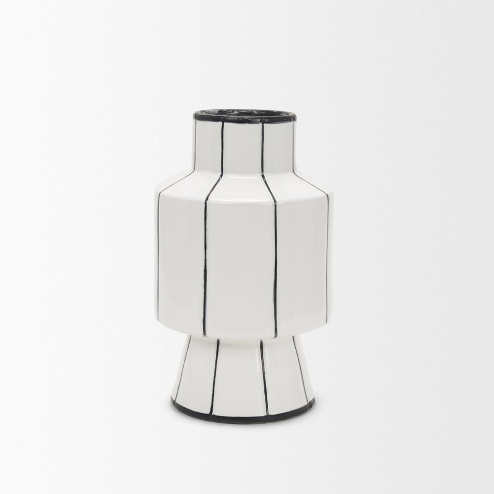 Mercana Dinah Elegant Modern Vase with Hand-Painted Black Stripes for Contemporary Home Decor Accents White | Ceramic | Small 70961