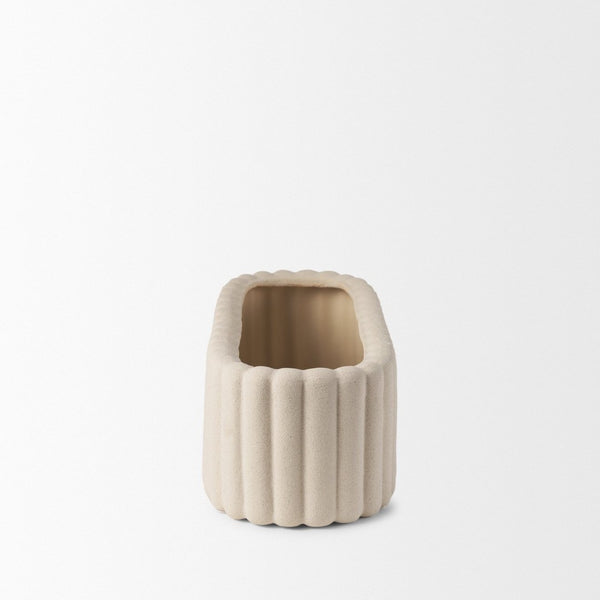 Mercana Mira Sculptural Ceramic Vase with Fluted Design and Sandy Texture for Elegant Home Décor Accent Blush Beige | Wide 70965