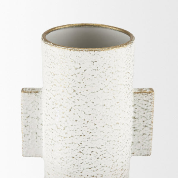 Mercana Torres Textured Vase – Rustic Elegance with Gold Detailing for Stylish Home Decor & Floral Displays Offwhite + Gold | Metal |Tall 70956