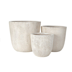 English Elm U_style Mgo Round Planters Set of Three Crackle Stone Texture Patio Garden Pots Beige N711P406660A