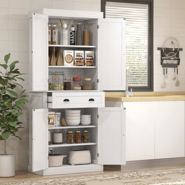 English Elm Homcom 72.5" White Wood Grain Kitchen Pantry Cabinet – Stylish Storage With 4 Doors, Drawer & Adjustable Shelves W2225P200697