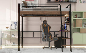 English Elm Metal Full Size Loft Bed with LED Light, Built-In Full-Length Desk, Storage Shelf & Ladder — Space-Saving Industrial Black, Sturdy Metal Frame for Study & Sleep GX001120AAB