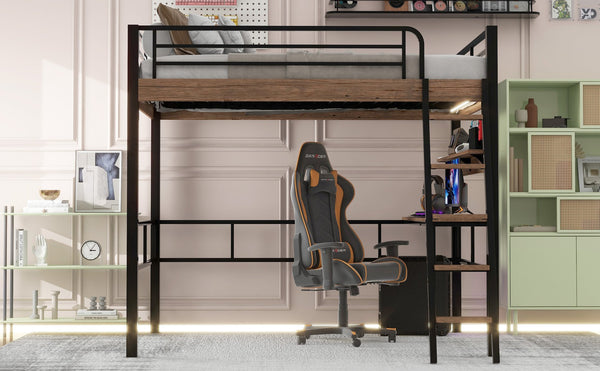 English Elm Metal Full Size Loft Bed with LED Light, Built-In Full-Length Desk, Storage Shelf & Ladder — Space-Saving Industrial Black, Sturdy Metal Frame for Study & Sleep GX001120AAB