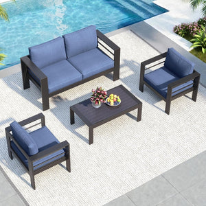 English Elm 4-piece Outdoor Cast Aluminum Conversation Set Resort Style Patio Seating with Wpc Table Blue B082S00093