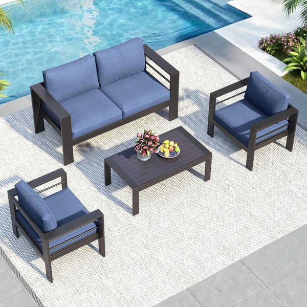 English Elm 4-piece Outdoor Cast Aluminum Conversation Set Resort Style Patio Seating with Wpc Table Blue B082S00093