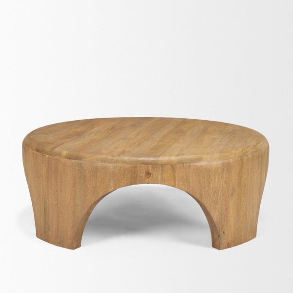 Mercana Shima Round Coffee Table with Arched Legs - Contemporary Mango Wood Design for Modern Living Spaces Light Brown Wood 70867