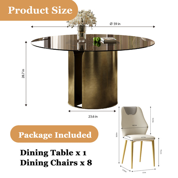 English Elm 59-Inch Modern Round Dining Table Set - Dark Brown Glass Top With Antique Copper Steel Base For 8 W509S00148