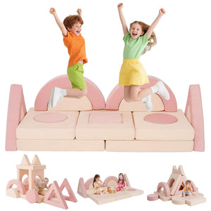 English Elm 16 Piece Modular Foam Play Couch Fort Building Set for Creative Kids Playroom Use Pink+White T5880P493421
