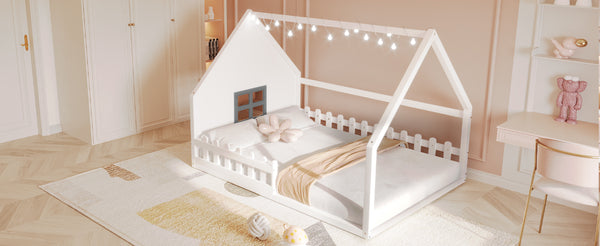 English Elm Full House Bed Frame with Window & Fence Playhouse Design, Sturdy Pine/MDF, Safe 400lb Capacity White N709P215545K