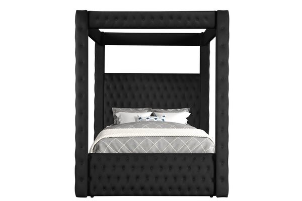 English Elm 1pc Majestic Canopy Four-Poster Queen Bed with Tufted Velvet Headboard & Footboard, Luxurious Statement Black 89 L x 26 W x 6 H B2741S00126