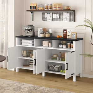 English Elm U_style 59 Inch Sideboard Buffet with Built in Power Outlets Open Cubbies Metal Accents White+Black N711P347407K
