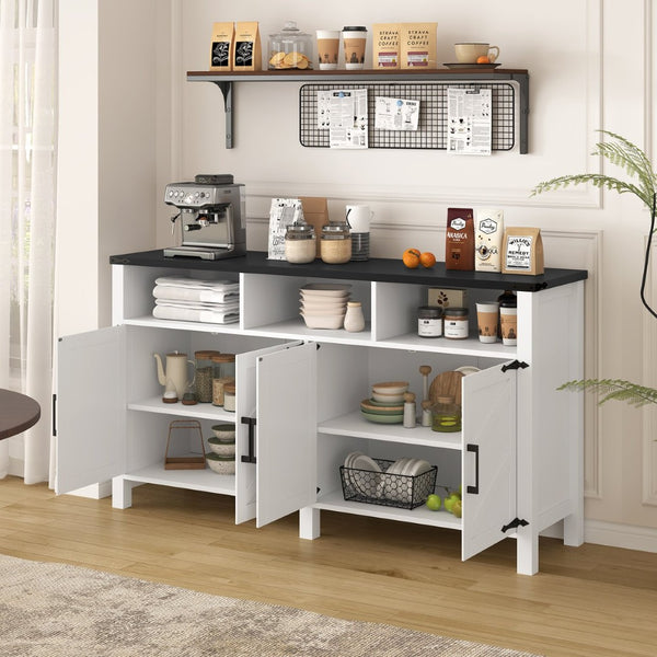 English Elm U_style 59 Inch Sideboard Buffet with Built in Power Outlets Open Cubbies Metal Accents White+Black N711P347407K