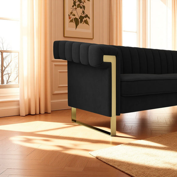 English Elm FX-P81-BK2 Modern Chesterfield Sofa Velvet Upholstery with Gold Metal Legs and Channel Tufting Elegance Black W576S00096
