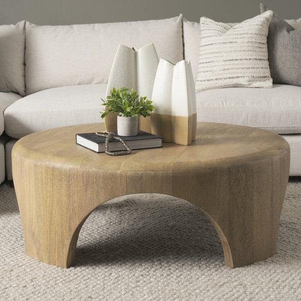 Mercana Shima Round Coffee Table with Arched Legs - Contemporary Mango Wood Design for Modern Living Spaces Light Brown Wood 70867