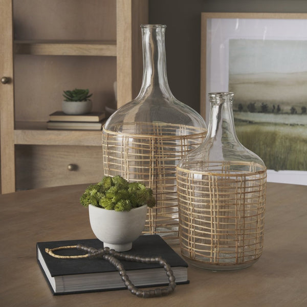 Mercana Troian Decorative Bottle with Artisanal Charm – Handcrafted Coastal Accent for Unique Décor Styles Glass | Rattan | Large 70933