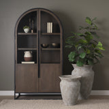 Sloan Dark Brown Wood withBlack Metal Arched Curio Cabinet 70828 Mercana