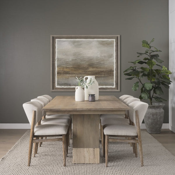 Mercana Shivon Elegant Mango Wood and Travertine Dining Table - Perfect for Modern and Rustic Interiors 94" Lt Brown Wood Top | Lt Brown Wood & Travertine Legs 70850-AB