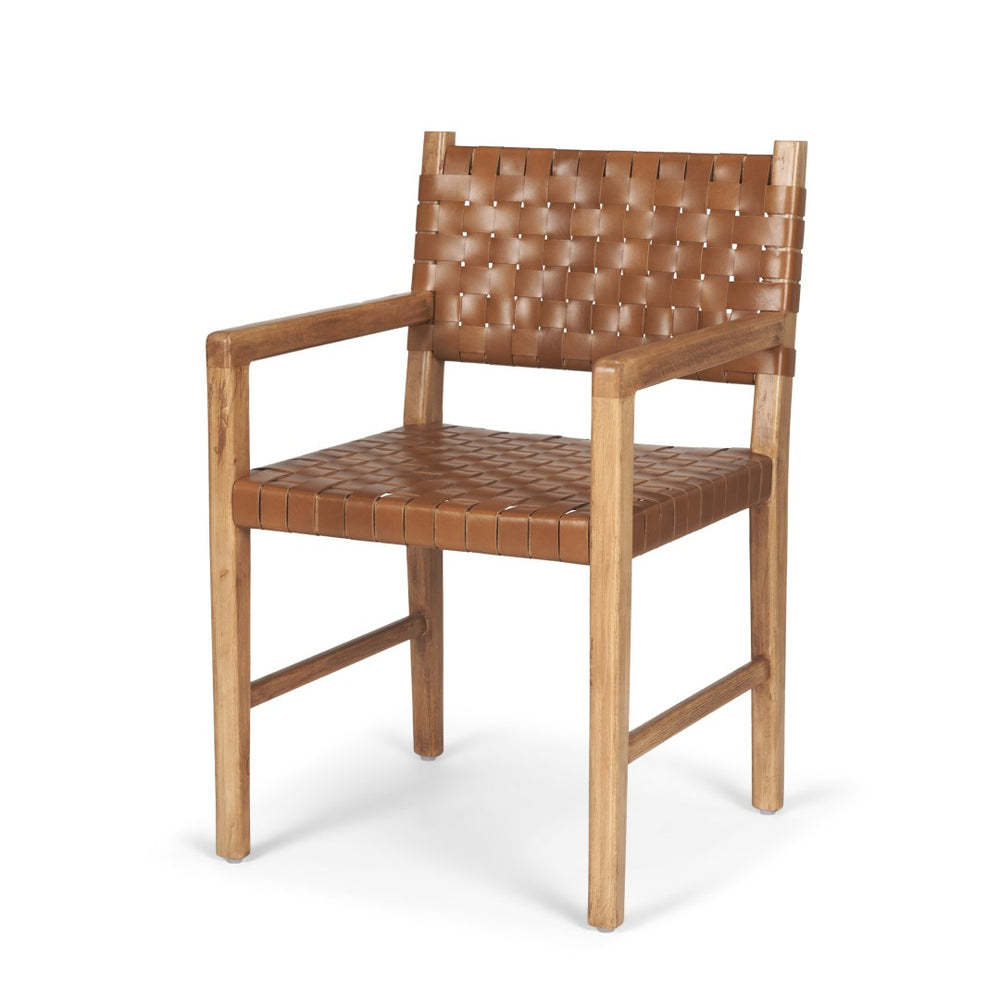 Mercana Shane Solid Wood Armchair with Hand-Woven Leather Accents for Modern Rustic Dining & Accent Use 70799