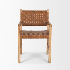 Mercana Shane Solid Wood Armchair with Hand-Woven Leather Accents for Modern Rustic Dining & Accent Use 70799