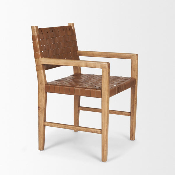 Mercana Shane Solid Wood Armchair with Hand-Woven Leather Accents for Modern Rustic Dining & Accent Use 70799