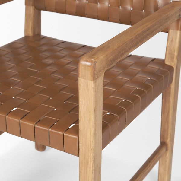 Mercana Shane Solid Wood Armchair with Hand-Woven Leather Accents for Modern Rustic Dining & Accent Use 70799