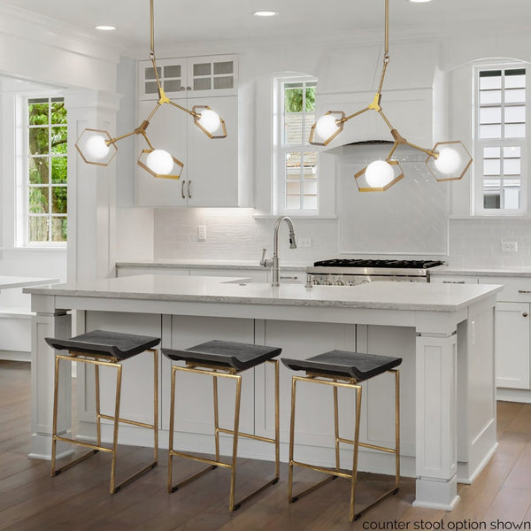 Mercana Givens Stylish Stool with Contoured Wooden Seat and Antiqued Gold Base for Modern Interiors Brown Wood | Gold Metal | Bar 67991