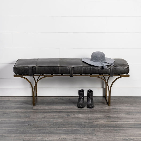 Mercana Jessie Accent Bench: Luxurious Leather Upholstery with Sturdy Metal Base for Modern Living Spaces Black Leather | Gold Metal 69061