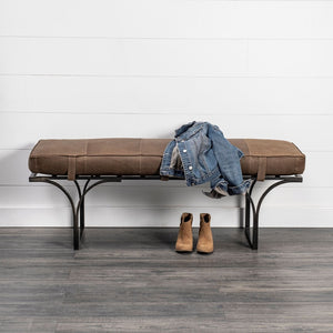Mercana Jessie Accent Bench: Luxurious Leather Upholstery with Sturdy Metal Base for Modern Living Spaces Brown Leather | Black Metal 69062