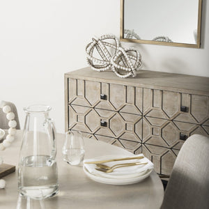 Mercana Genevieve Luxurious 9-Drawer Sideboard with Gold Frame, Gray Fir Veneer for Chic Home Storage Solutions Brown Wood | Black Metal 69376