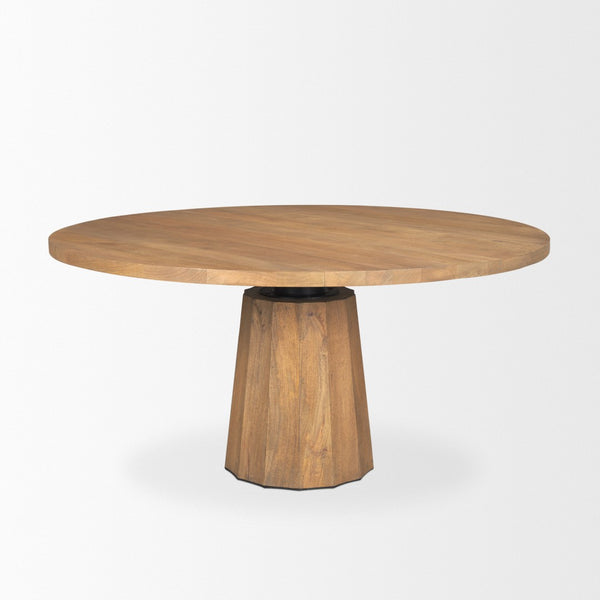 Mercana Swanson Round Pedestal Dining Table – Solid Mango Wood with Scalloped Base and Modern Design 60" Lt Brown Wood Top | Lt Brown Wood Base 70865-AB