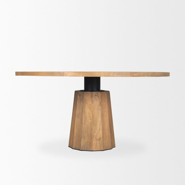 Mercana Swanson Round Pedestal Dining Table – Solid Mango Wood with Scalloped Base and Modern Design 60" Lt Brown Wood Top | Lt Brown Wood Base 70865-AB