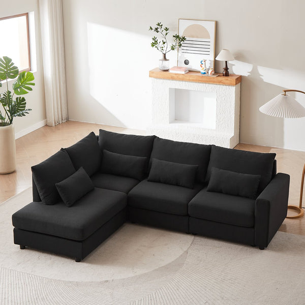 English Elm MH100.2" Sofa Convertible L-Shaped Linen Sectional with Movable Ottoman 5 Cushions 4 Lumbar Pillows Black W1193S00141
